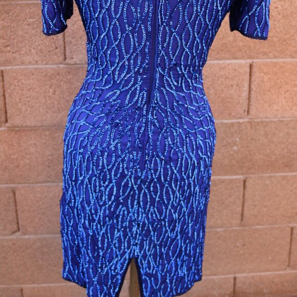 Laurence Kazar Silk Dress Womens SP Royal Blue Sequined Beaded Cocktail 90s - Picture 5 of 15